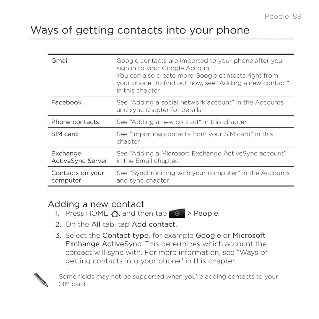 HTC Thunderbolt manual Ways of getting contacts into your phone, Adding a new contact, People  